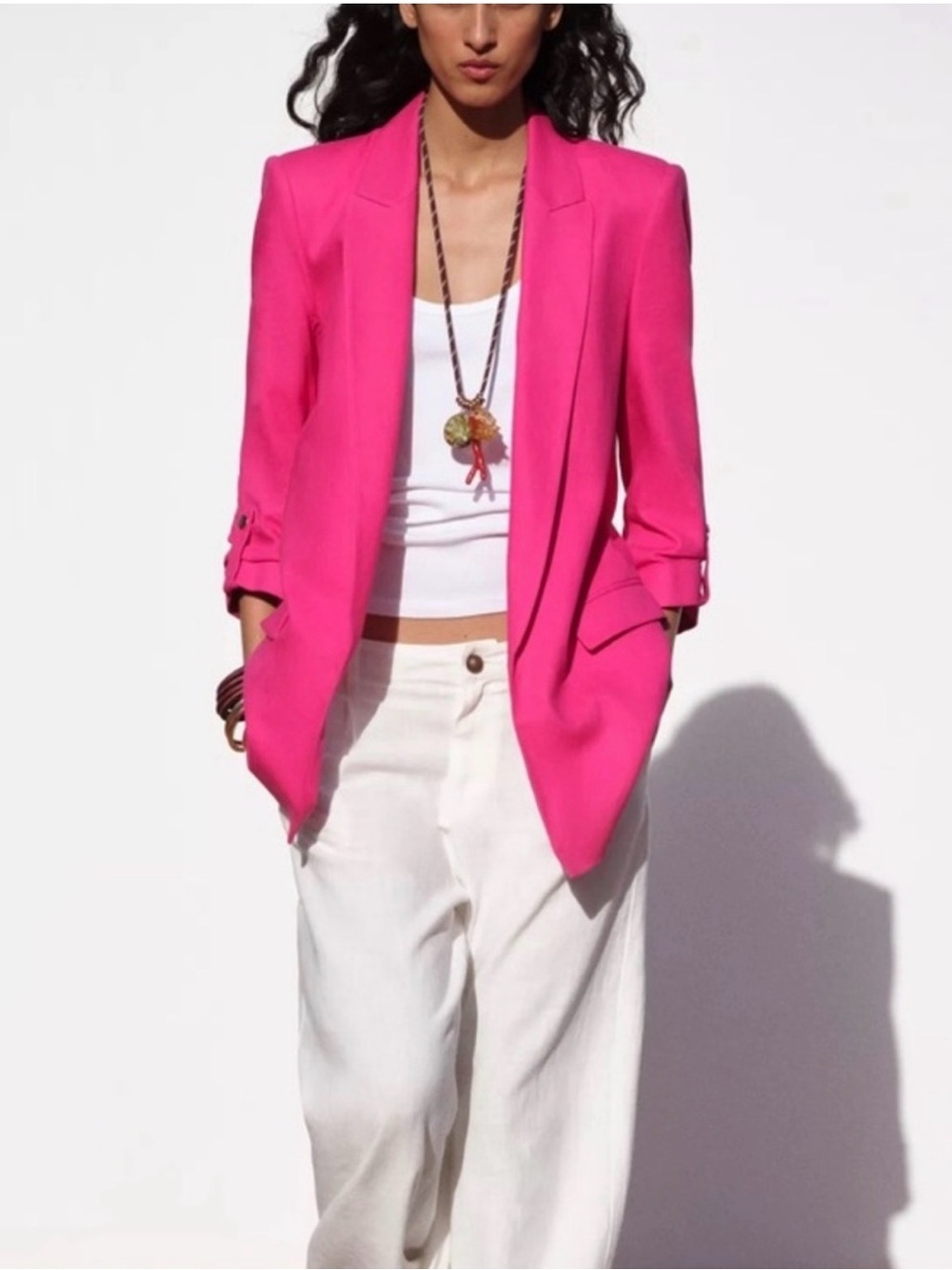 NWT Zara Fuchsia Pink Barbiecore Blazer with Rolled-Up Sleeves Size XL